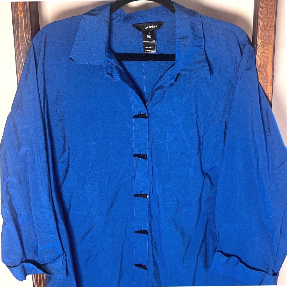 Ali Miles Royal Blue Toggle Button Down Tunic Shirt 3/4 Sleeve Womens 1X Lagen